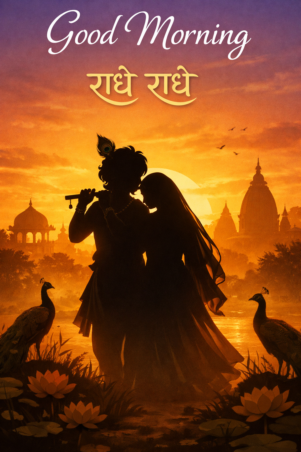 Good Morning Radha Krishna image with sunrise over Vrindavan temple silhouettes and Radhe Radhe text